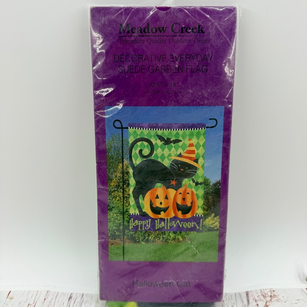 Meadow Creek Halloween Cat Suede Garden Flag 12.5x18 Pumpkins Bats ZKL14S3998